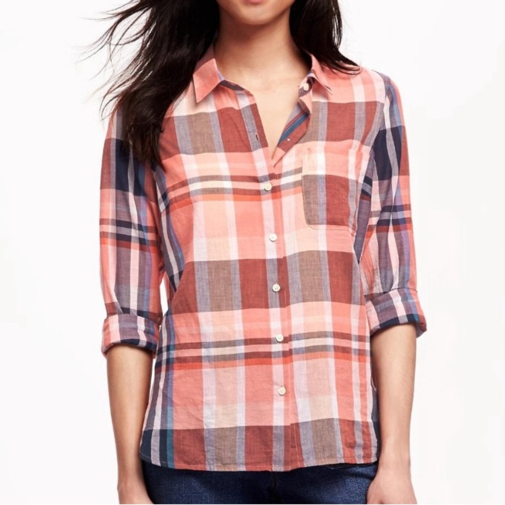 🔴Old Navy Classic‎ Semi-Sheer Collared Plaid Shirt Size Medium